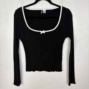 H&M Divided Black Ribbed Long Sleeve Blouse Square Neck Bow Coquette Size XL